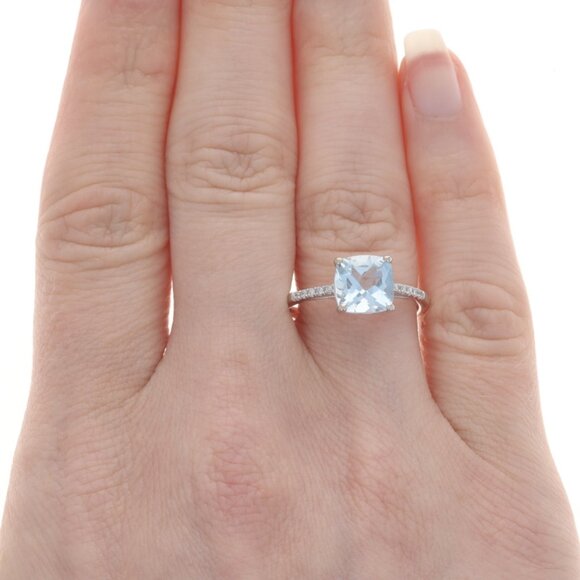 White Gold Aquamarine & Diamond Ring - 14k Cushion 1.43ctw Cathedral Engagement - Picture 2 of 6